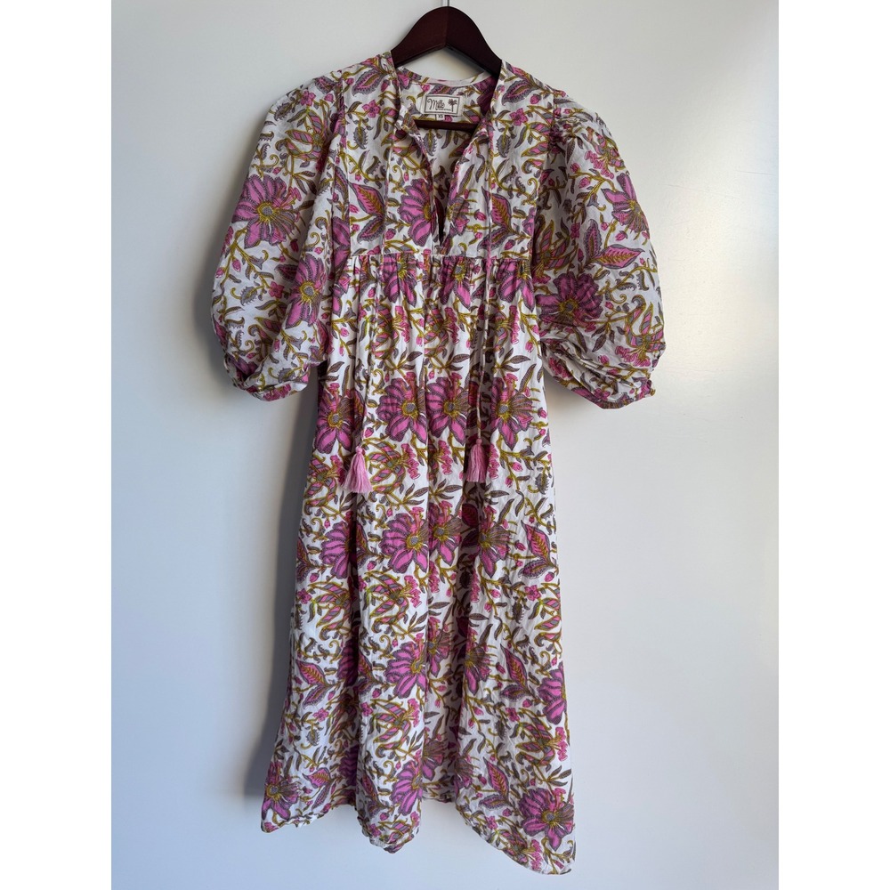 Mille Resort & Travel Pink Floral Block Print Cotton Puff Sleeve Midi Dress XS